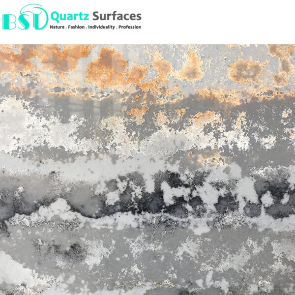 Artificial Quartz Stone Has a White Background with Orange and Grey Streaks - Image 5
