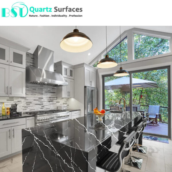 High Gloss Marble Look Black Artificial Quartz Slabs for Countertops Calcatta White Quartz - Image 6