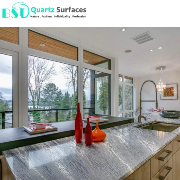 Arabetto Dark - Luxury Quartz Kitchen Top  Prefab Quartz Island Countertops with Multi-Colored Veins