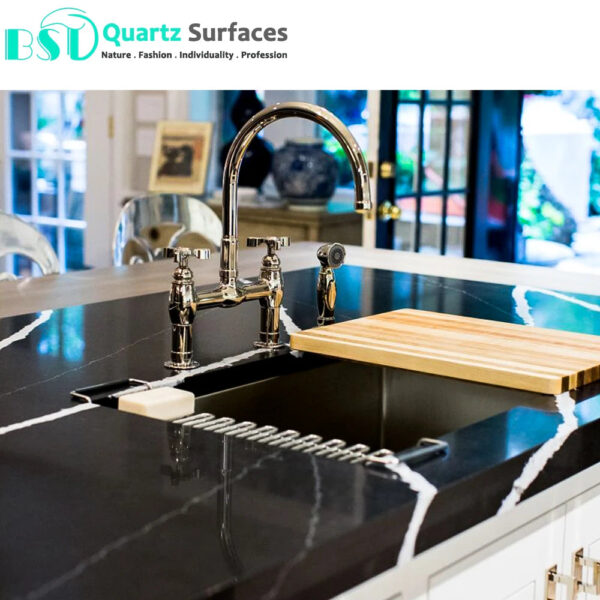 Black-Based Quartz Stone Slab with White Veins for Kitchen Countertop - Image 6