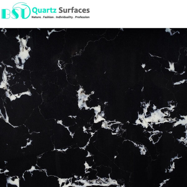 Black-Based Quartz Stone Slab with White Veins for Kitchen Countertop - Image 3