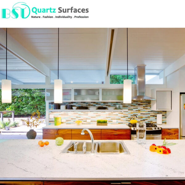 New Look Misty White Manufacturer Brownish Quartz Stone Slab with Grey Veins for Countertops Available Quickly - Image 3