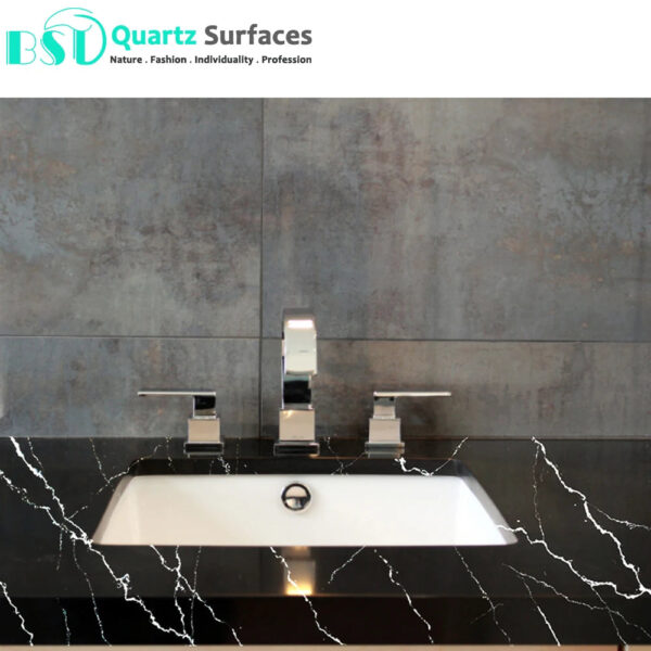 High Gloss Marble Look Black Artificial Quartz Slabs for Countertops Calcatta White Quartz - Image 2
