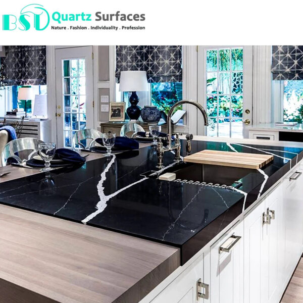 Black-Based Quartz Stone Slab with White Veins for Kitchen Countertop