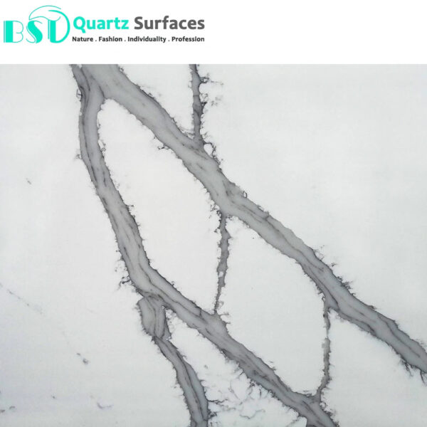Calacatta Ivory Quartz Stone Foshan Manufacturer Marble Imitation Calacatta white Quartz Stone for Dining Table Top or Bar Top - Image 6