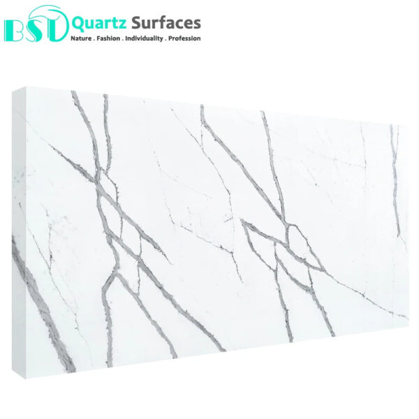 Calacatta Ivory Quartz Stone Foshan Manufacturer Marble Imitation Calacatta white Quartz Stone for Dining Table Top or Bar Top - Image 5