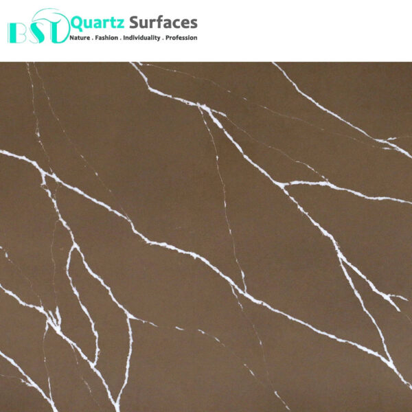 Chocolate Brown Veined Calacatta Artificial Quartz Stone for Countertops - Image 2