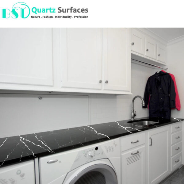 High Gloss Marble Look Black Artificial Quartz Slabs for Countertops Calcatta White Quartz - Image 5
