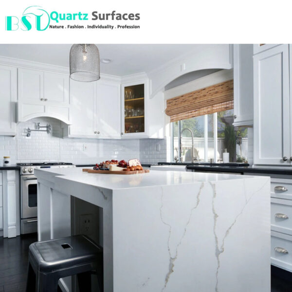 Snow White Body Calcutta Quartz Stone Slabs Calacatta White Quartz Stone Countertops Slabs