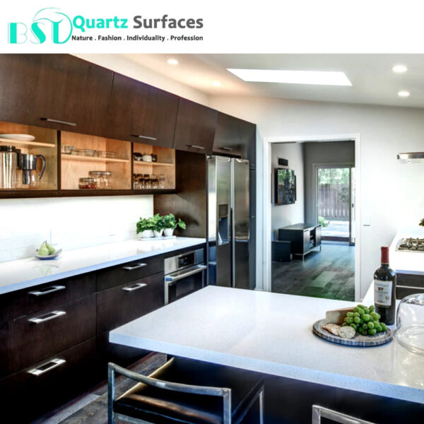 Island Top With White Quartz Polyester Resin White Solid Surface Artificial Stone Slab with Big Chips Porcelain Tile Slab - Image 5