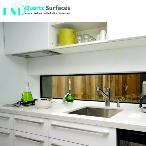 Island Top With White Quartz Polyester Resin White Solid Surface Artificial Stone Slab with Big Chips Porcelain Tile Slab - Image 2