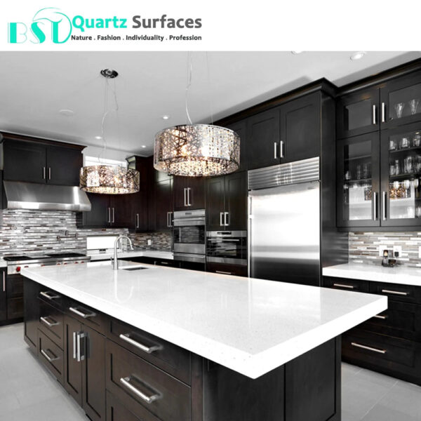 Island Top With White Quartz Polyester Resin White Solid Surface Artificial Stone Slab with Big Chips Porcelain Tile Slab