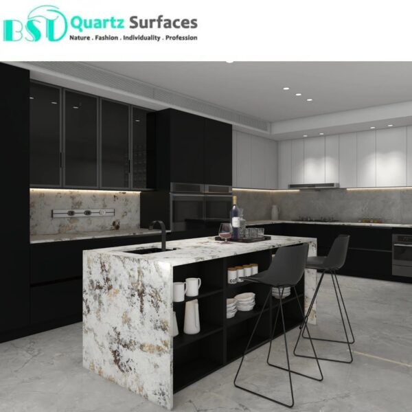 Alaska White - Luxury Quartz Kitchen Top  Prefab Quartz Island Countertops with Multi-Colored Veins