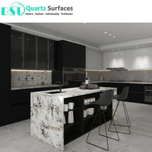 Alaska White - Luxury Quartz Kitchen Top  Prefab Quartz Island Countertops with Multi-Colored Veins