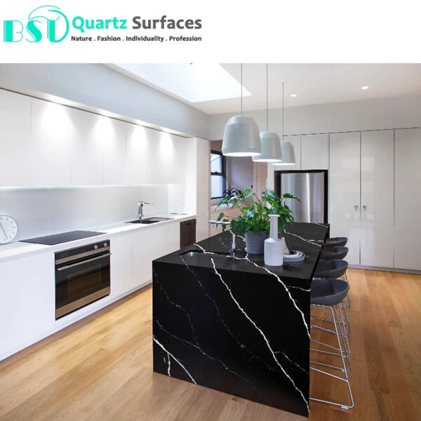 Black Body Artificial Quartz Stone with White Veins Quartz Tiles Artificial Stone