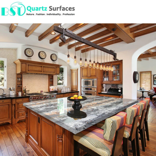 Artificial Quartz Stone Has a White Background with Orange and Grey Streaks