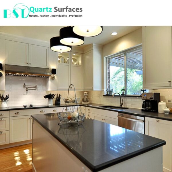 Artificial Raven Stone Black Solid Surface with Fine Veins Polished White Calacatta Wholesale Artificial Quartz Stone