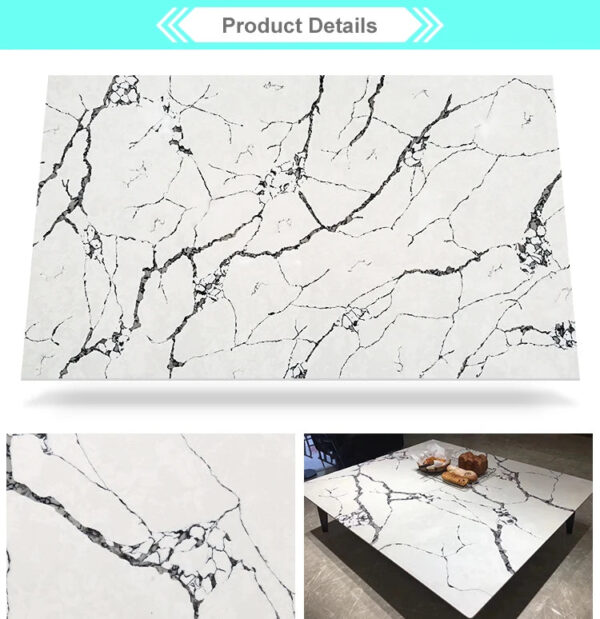 White Engineering Quartz Stone with Black Veins for Countertop - Image 6