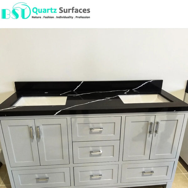 Black-Based Quartz Stone Slab with White Veins for Kitchen Countertop - Image 5