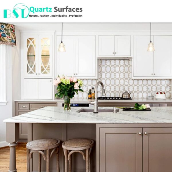 New Look Ethereal One Manufacturer Brownish Quartz Stone Slab with Grey Veins for Countertops Available Quickly - Image 3