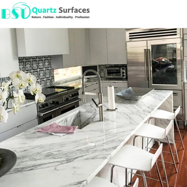 Veined Wholesale Price Polished Table Top White Calacatta Quartz Tiles Artificial Ston