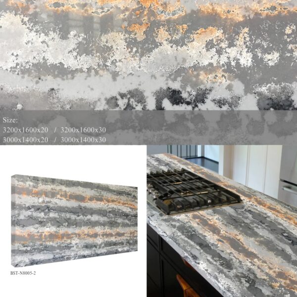 Artificial Quartz Stone Has a White Background with Orange and Grey Streaks - Image 2