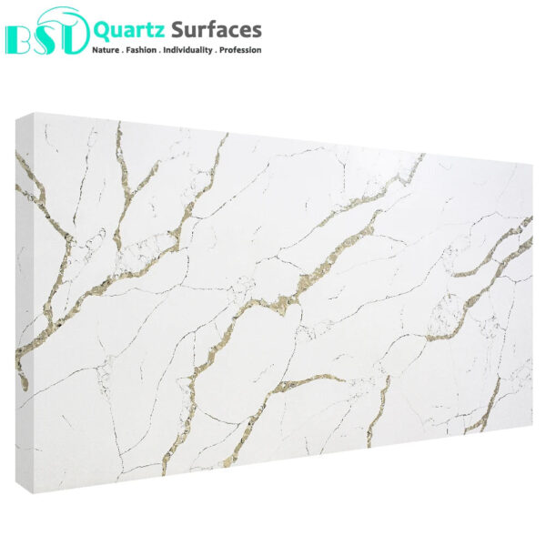 Calacatta Ivory Quartz Stone Foshan Manufacturer Marble Imitation Calacatta white Quartz Stone for Dining Table Top or Bar Top