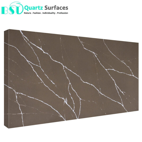 Chocolate Brown Veined Calacatta Artificial Quartz Stone for Countertops - Image 3